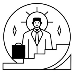 A vector illustration depicts a businessman in a suit holding a briefcase, a symbol of business