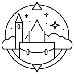 Vector art shows a building, specifically a house and a mountain house, one with a cross, in a design that evokes architecture and landscape