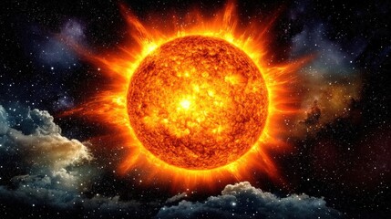 Obraz premium Fiery sun, cosmic clouds, space background; astronomy, science education