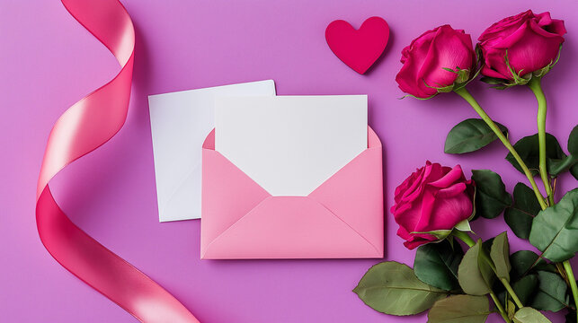 Pink envelope with white paper and roses on purple background - Powered by Adobe