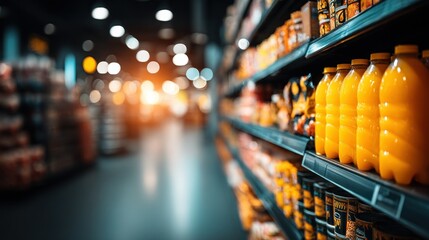 Fototapeta premium Grocery store aisle. Drinks and snacks line the shelves