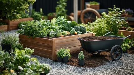 Fototapeta premium Rustic garden beds filled with fresh vegetables