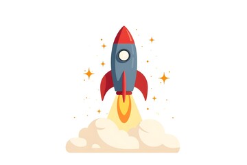 Rocket Surrounded by Creative Sparks and Idea Clouds