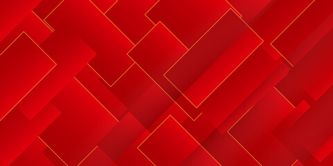 Red trendy overlapped geometric rectangular shapes with golden stroke background, This abstract vector illustrator background design can be used as business or any technology presentation, banner etc.