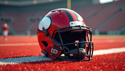 Fototapeta premium American football helmet rests field. Red color, black stripes, face mask. Game, competition, team sport. Protective gear, safety equipment. Championship event. Blurred background. High quality photo