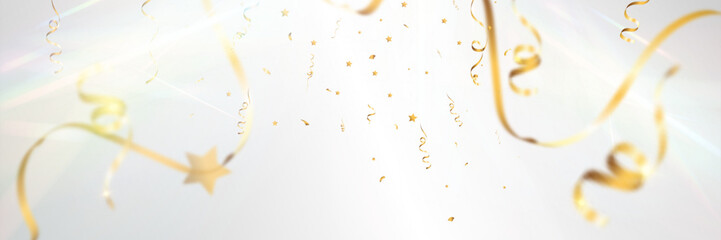 Gold confetti celebration background, festive shiny ribbons and stars, soft light pastel glow.	

