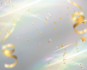 Gold confetti celebration background, festive shiny ribbons and stars, soft light pastel glow.	

