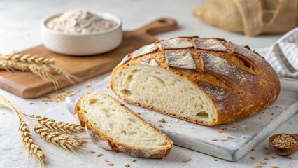 Naklejka premium Rustic Artisan Bread Loaf with a Golden-Brown Crust and Soft Airy Interior, Presented on a Marble Cutting Board with Wheat Stalks and a Bowl of Flour for a Warm and Wholesome Culinary Showcase