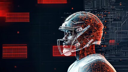 A futuristic depiction of an American football player wearing a high-tech helmet, surrounded by digital graphics and tech elements. - Powered by Adobe