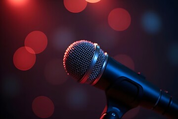 Obraz premium Close-Up Microphone on Stand with Sparkling Bokeh Effect