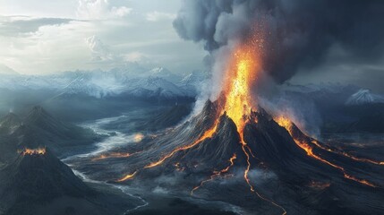 Fototapeta premium Panoramic aerial view of a volcanic eruption generative ai