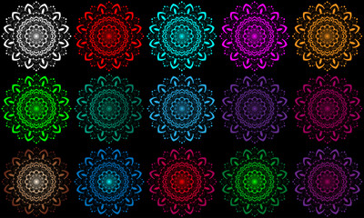 Mandala set design with red, cyan, green, yellow, magenta, violet, golden, silver colour | Creative mandala with circle, floral shape for card, cover, greeting, decoration, business, pattern