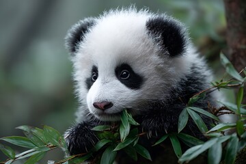 Naklejka premium A cute baby panda eating bamboo in the forest, captured in a soft and adorable scene, showcasing nature's innocence.