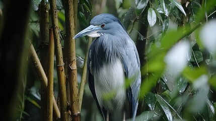 Fototapeta premium Heron sits amid lush, green, bamboo-filled foliage