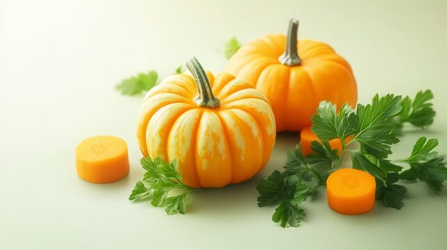 Two small pumpkins with parsley and carrots. - Powered by Adobe