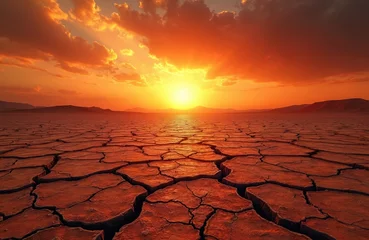 Selbstklebende Fototapeten Fiery sunset over cracked earth. Barren landscape under red orange sky. Drought, climate change, global warming concept. Extreme heat, sun setting over horizon, dried, arid land, nature. © Vadym