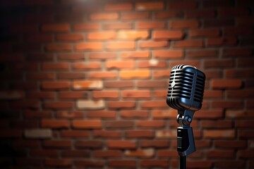 Brick Wall Comedy Stage with Dramatic Lighting and Mic