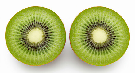 Fototapeta premium Halved kiwi with seeds, isolated on white. Fresh fruit image for health, tropical or nutrition visuals.