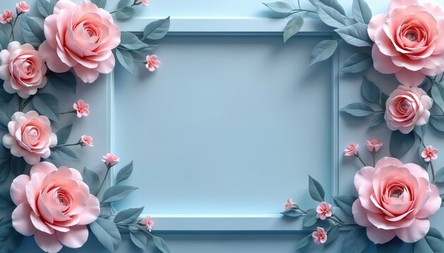 Floral design with empty space. Pink roses against light blue background. Modern template for invitation card wedding or greeting. Decorative floral frame, ideal for holiday design, love theme.