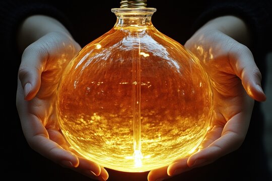 Glowing amber liquid in hands, dark background, mystical ambiance, ideal for fantasy or wellness