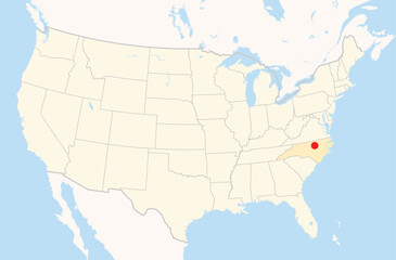 Location Map of the city Wake Forest in North Carolina, USA. The state is marked orange and the city is highlighted with a red dot. No labels at all.