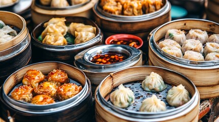 Steamed Dim Sum Variety.  A selection of different types of dim sum, served in bamboo steamers