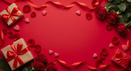 A vibrant and romantic Valentine's Day frame featuring deep red roses, elegantly wrapped gifts with red ribbons, delicate heart candies, and flowing red satin on a rich red backdrops.