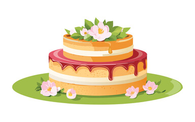 Layer Cake with Flowers - Vector Illustration