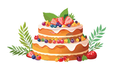 Birthday Cake with Berries - Vector Illustration