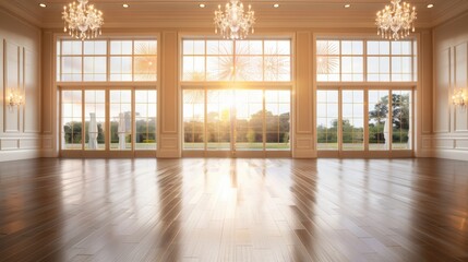 Fototapeta premium A bright, elegant room with large windows and chandeliers, showcasing wooden flooring and a stunning view of the outdoors at sunset.