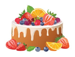 Cake Fruits and Berries - Vector Illustration