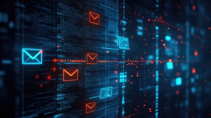 Obraz premium Cybersecurity concept with emails and alerts on a dark background highlighting data security and digital threats