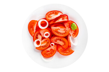Tomato salad appetizer vegetables dish organic product fresh tasty gourmet food background on the table rustic food top view copy space keto and paleo diet vegetarian and vegan food