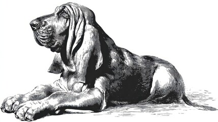 Vintage black and white illustration of a hound dog resting.
