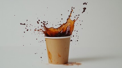 Paper coffee cup tipped over, bold dark roast splash in motion, white background generative ai