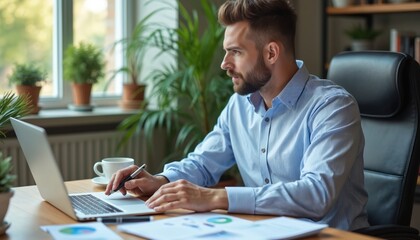 Bearded man works from home office on laptop. Online meeting video call in modern workspace, plants near window. Businessman uses computer, drinks coffee. Remote work, business concept.