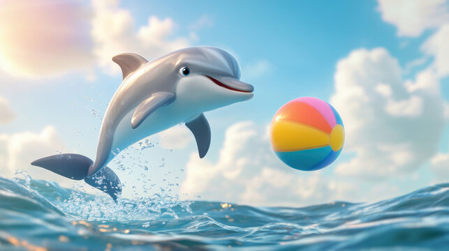 Playful dolphin jumping out of the water towards a colorful beach ball under a bright blue sky with fluffy clouds in a fun and lively scene for children and aquatic themes