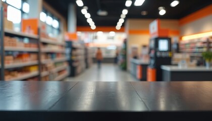 Empty black stainless steel table top with blurred background of convenience store interior. For product display or advertisement. Modern design concept.