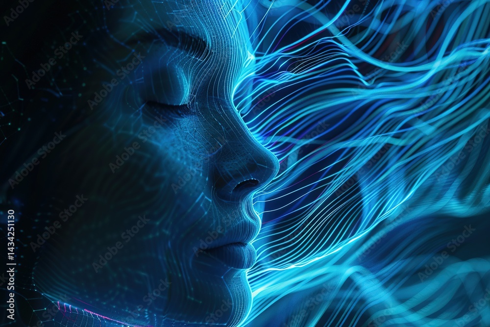 Poster abstract digital face with flowing lines representing connectivity and artificial intelligence