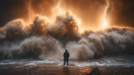 Stormy sea, powerful waves, person facing nature's fury