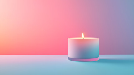 Burning Candle in Soft Light: A single, softly lit candle in a glass container sits on a pastel surface against a gradient background of pink and purple hues, creating a serene and calming atmosphere.