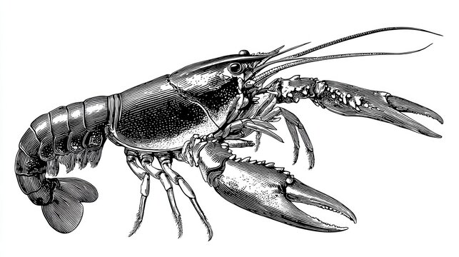 Detailed grayscale illustration of a crayfish in profile view.