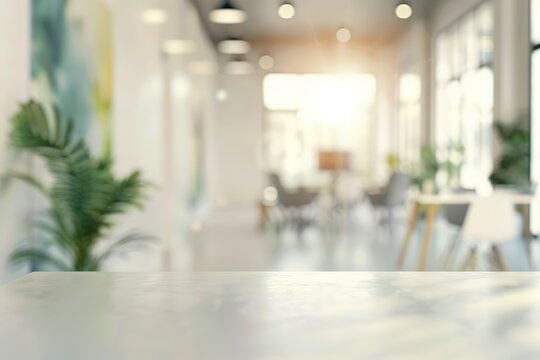 Blurred office with a counter top in front providing a space for visual presentation