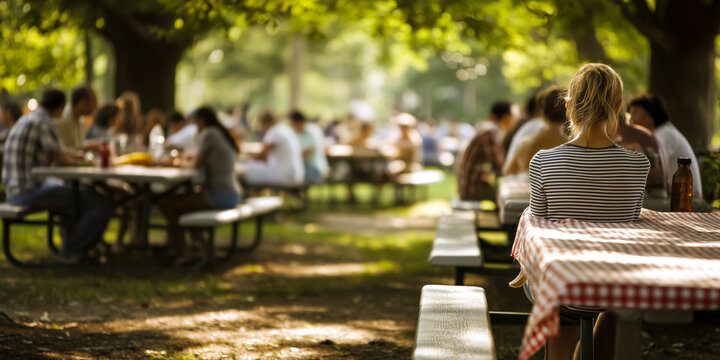 Outdoor Gathering: People enjoying a meal together at picnic tables in a sun-dappled park, creating a sense of community and summer fun.