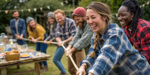 A team of friends laughs and strains while playing tug-of-war outdoors at a casual, sunlit gathering with refreshments nearby.