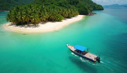 Obraz premium Aerial drone shot of Perhentian Island Malaysia with boat approaching. Turquoise water surrounds tropical island with white sand beach. Palm trees, rich vegetation. Travel, vacation, paradise, summer