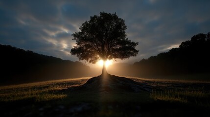 Obraz premium Silhouette of a majestic tree bathed in golden sunrise light. Roots spread wide, nature's strength and resilience depicted