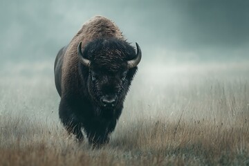 Bison walking through fog in tranquil grassland art design  
