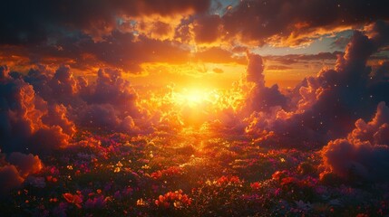 Obraz premium Sunset through clouds, flower field