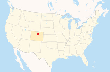 Location Map of the city Westminster in Colorado, USA. The state is marked orange and the city is highlighted with a red dot. No labels at all.
